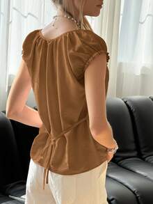 SHEIN Bubbli 女士休闲纯色荷叶边T恤，夏季 - 棕色 - 查看 2
