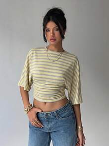 Aloruh Áo croptop nữ màu vàng sọc cổ tròn tay cánh dơi xếp ly, kiểu dáng thời trang, áo sơ mi sọc mùa hè, áo sọc đa năng. - Màu vàng - Xem 6