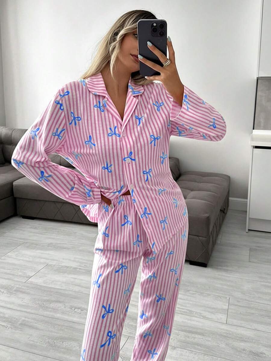 EURMUSE Conjunto de pijama para mujer de 2 piezas con botones delanteros y estampado de rayas y patrón en la Bottom - Multicolor - Ver 1