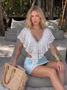 SHEIN Allurite Women's V-Neck Lace Ruched Floral Trim Sexy Backless Summer Vacation Blouse - White - View 5