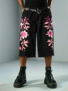 Street Life Pantalones cortos de mezclilla con adornos de flores y diamante de imitación para hombres - Negro - Ver 6