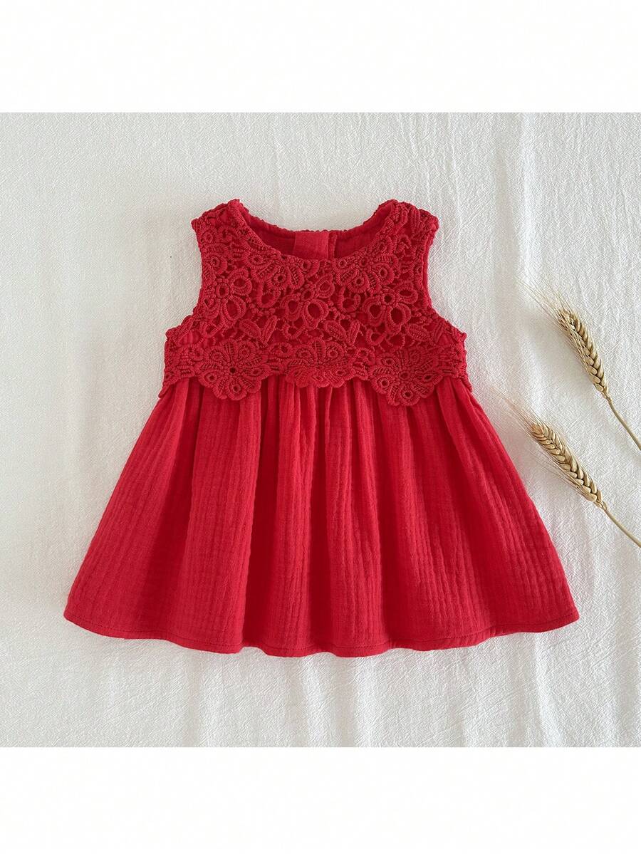 Loomiva Newborn Baby Girl Solid Color Ruffle Trim Round Neck Sleeveless Waist Dress - Red - View 1