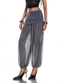 Airlisse Women's Fashionable Sexy Low-Waist 2 In 1 Metal Eyelet Decor Mesh Sheer Lantern Pants Girlisim Autumn Golf Pastal - Dark Grey - View 3