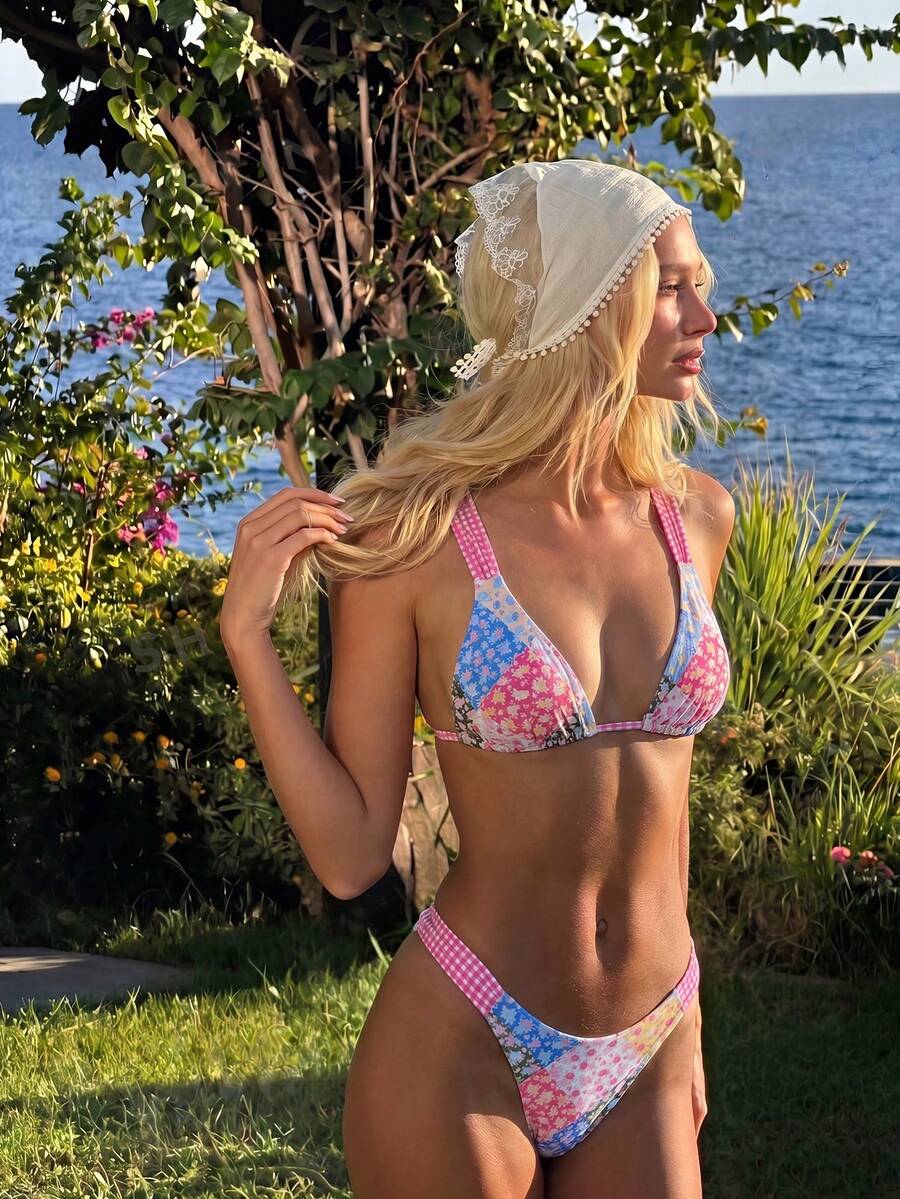 SHEIN Swim Mod New Arrival Spring/Summer Floral Patchwork Triangle Cup Bikini Two Pieces Swimsuit, Countryside Style Girl Vibe, Beach Holiday - Multicolor - View 1