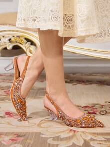 CUCCOO TILAWA Women's Fashionable Elegant Crystal Asymmetric Heel Glitter Rhinestone Decor Pointed Toe Silver High Heels, Suitable For Banquet, Party And Other Occasions - Orange - View 5