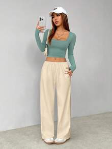 SHEIN PETITE Quần dài mặc nhà bằng vải dệt kim màu trắng mềm mại, kiểu dáng rộng rãi. - Vàng nhạt - Xem 7