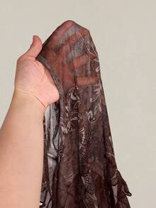 SHEIN ICON Vintage Print Sheer V-Neck Flare Sleeve Top For Women - Brown - View 11