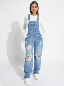 Plus Size Women Distressed Pocket Design Casual Denim Jumpsuit - Blue - View 5