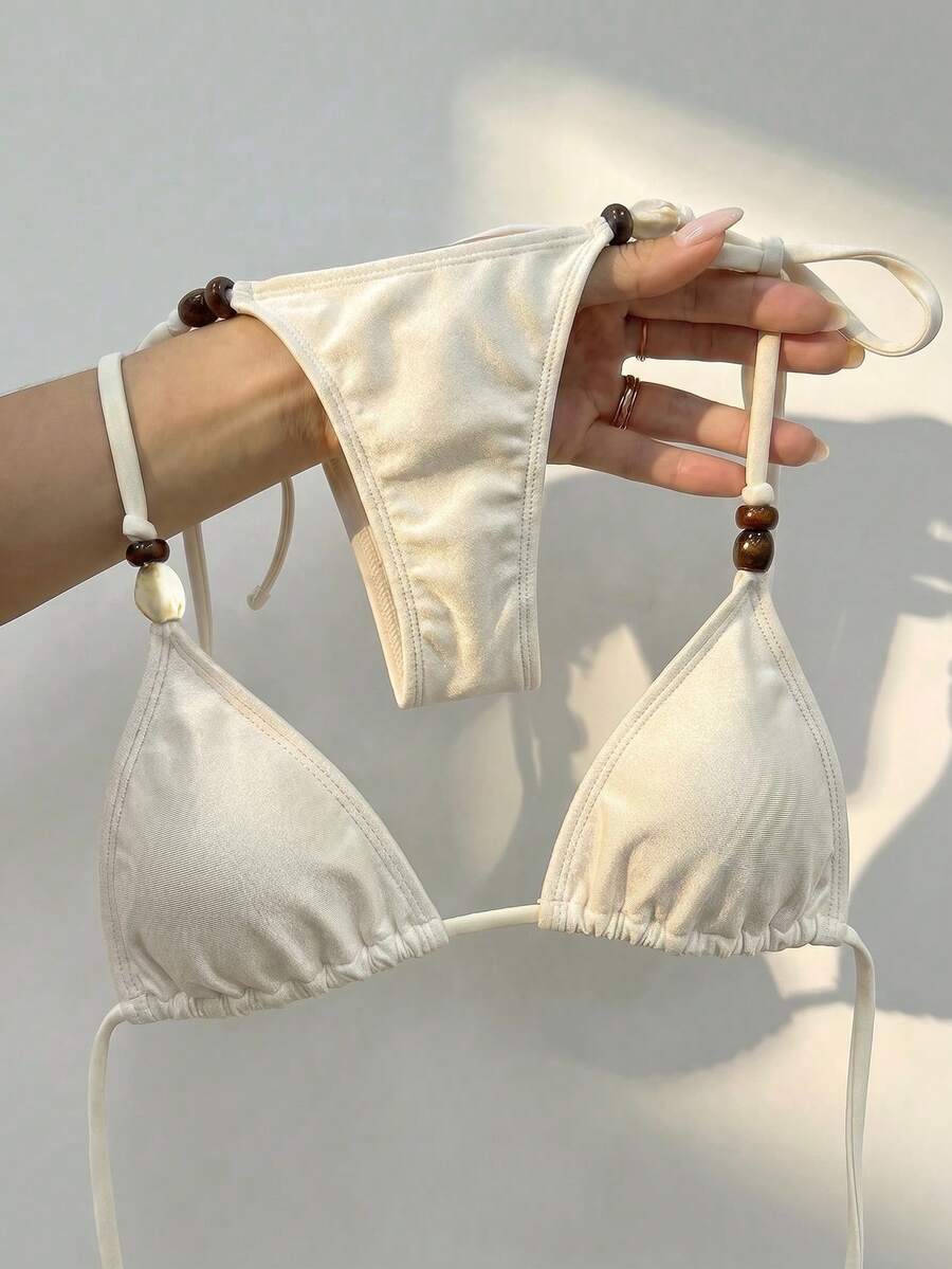 Swim Vcay Women's Solid Color Special Fabric Bikini Set With Beaded Halter Design, Suitable For Beach Vacation - White - View 1