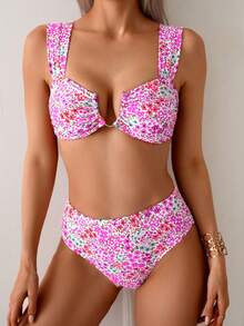 SHEIN Swim Mod Bộ bikini cổ yếm chữ V họa tiết hoa nhí ngẫu nhiên mới của Springbreak dành cho nữ. - Nhiều màu - Xem 5