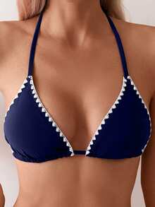 Swim Basics 女士夏季度假沙滩碎花饰边挂脖泳衣上装 - 藏蓝色 - 查看 3
