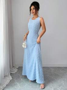 SHEIN Elenzya 优雅浪漫度假派对露背荷叶边镂空A字蓝色连衣裙（女款） - 藍色 - 查看 3