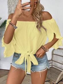 EMERY ROSE Plus Size Women Summer Beach Vacation Minimalist Solid Color Off Shoulder Ruffle Sleeve Tie Hem Blouse - Light Yellow - View 5