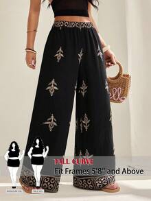 SHEIN Tall CURVE Calça Pantalona Estampada de Estilo Boêmio para Mulheres Plus Size, Essencial para o Verão - Preto - Visão 1