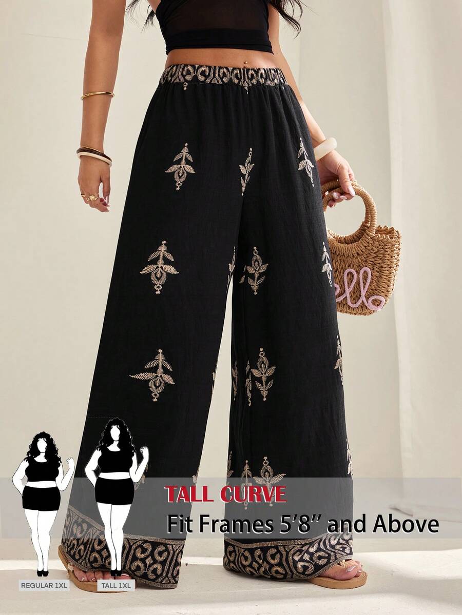 SHEIN Tall CURVE Calça Pantalona Estampada de Estilo Boêmio para Mulheres Plus Size, Essencial para o Verão - Preto - Visão 1