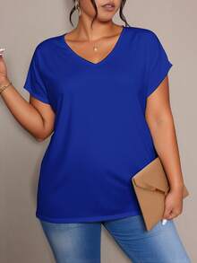 EMERY ROSE Camiseta de manga corta con cuello en V de talla grande, diseño de manga de murciélago - Multicolor - Ver 3