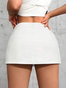 SHEIN Tall 女士休闲日常通勤简约纯色牛仔裙裤 - 米色 - 查看 2