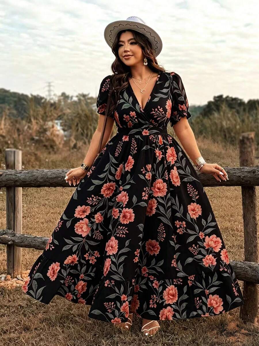 Plus Size Elegant Floral Print Dress, Suitable For Spring/Summer - Black - View 1