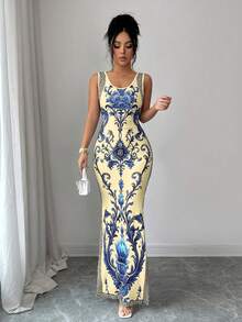 SHEIN Elenzya Exquisite Printed Chinoiserie Waist-Cinching Slit Luxurious Retro Middle Eastern UAE Style Robe, Tight Fit, Multi-Color, Sleeveless - Multicolor - View 7