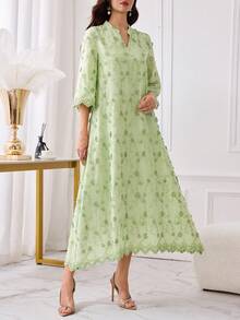 SHEIN Lacomfia Mint Green Embroidered Stand Collar Mid-Length Sleeve Midi Dress, Fashionable For Spring/Summer - Mint Green - View 7