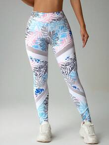 SHEIN Rhythm Era Quần legging thể thao nữ cỡ lớn in họa tiết cây nhiệt đới, cạp cao, phối lưới xuyên thấu. - Nhiều màu - Xem 4
