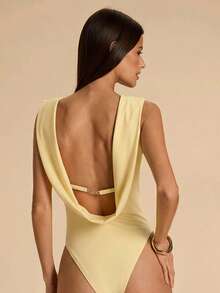 SHEIN BAE Women's Pale Yellow Summmer Seksi Chic Party Night Bodysuit,Backless Halter Metal Chain Decor Solid Color Elegant Casual Beach Vacation Bodysuit - Yellow - View 2