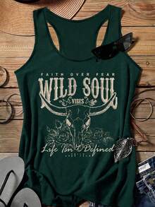 SHEIN LUNE 音乐节“WILD SOUL”字母印花休闲简约大码吊带背心，适合夏季 - 墨綠色 - 查看 1