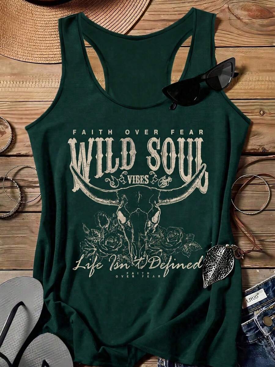 SHEIN LUNE 音乐节“WILD SOUL”字母印花休闲简约大码吊带背心,适合夏季 - 墨綠色 - 查看 1