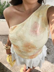 GalTyme 情人节特惠，女士加大码单肩褶皱纯色上衣 - 杏色 - 查看 5