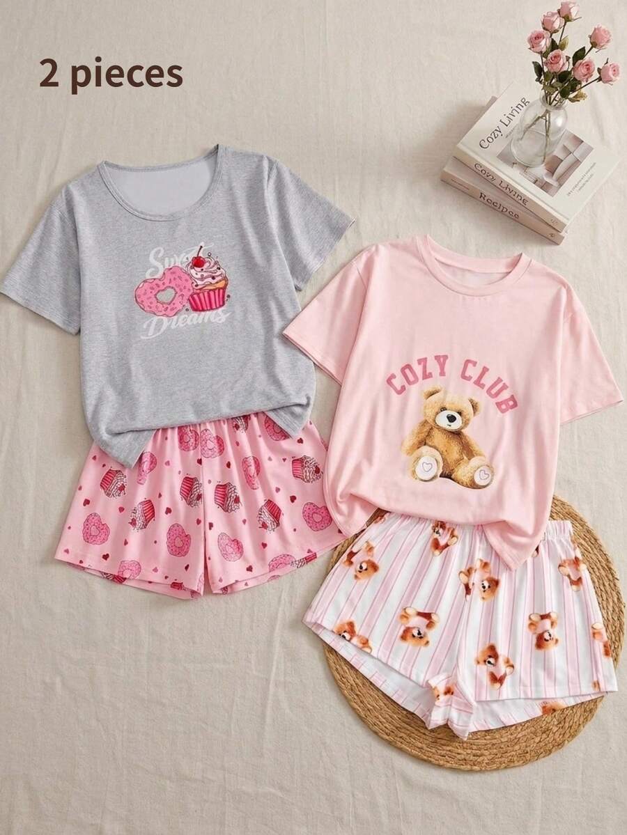 Bộ đồ ngủ thoải mái, dễ thương, rộng rãi dành cho bé gái tuổi teen. Ngọt ngào và đáng yêu, gồm áo in hình gấu bông và quần short họa tiết gấu và sọc, chất liệu vải polyester dệt kim mềm mại và thoải mái. Bao gồm 1 áo và 1 quần short, bán riêng lẻ. - Hồng - Xem 1
