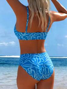 Swim Lushoire Bộ bikini nữ mùa hè in họa tiết ngẫu nhiên, phong cách thường ngày, thanh lịch, trưởng thành, có dây đeo vai mảnh có thể tháo rời, cạp cao. - Nhiều màu - Xem 4