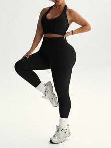 Dewbera Dewbera Plus Size Women Sexy Minimalist Solid Color Backless Halter Top And High Waist Leggings Sports Suit - Black - View 6
