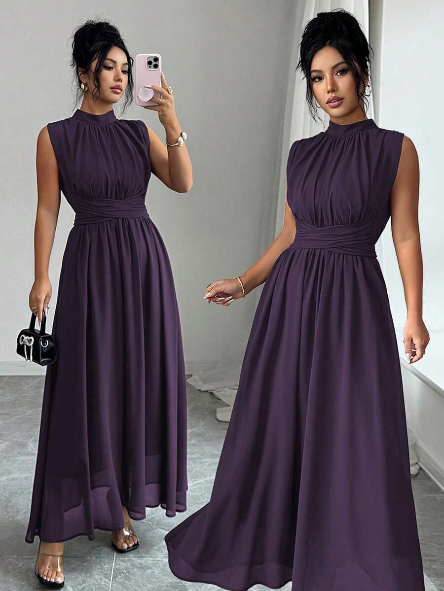 Elenzga Women's Dark Purple Summer Elegant Wedding Chiffon Maxi Dress,French Stand Collar Criss-Cross Tie Waist A-Line Sleeveless Lined Party Dress - Bold Plum - View 1