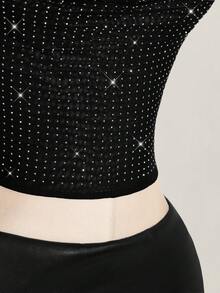 SHEIN ICON 女士夏季街头性感水钻露背吊带紧身短款背心 - 黑色 - 查看 12