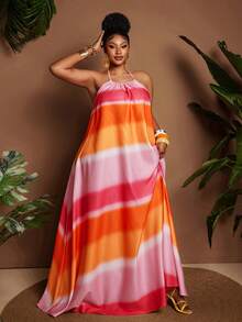 Maweii Plus Size European And American Style Versatile Sexy Printed Vacation Slip Dress - Pink - View 3