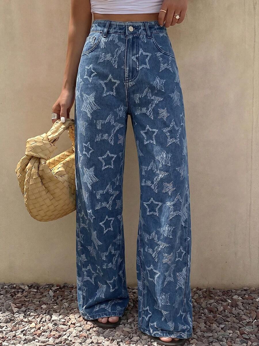 Livesso Quần jeans nữ kiểu dáng thường ngày họa tiết ngôi sao, túi xéo. - Rửa tối - Xem 1