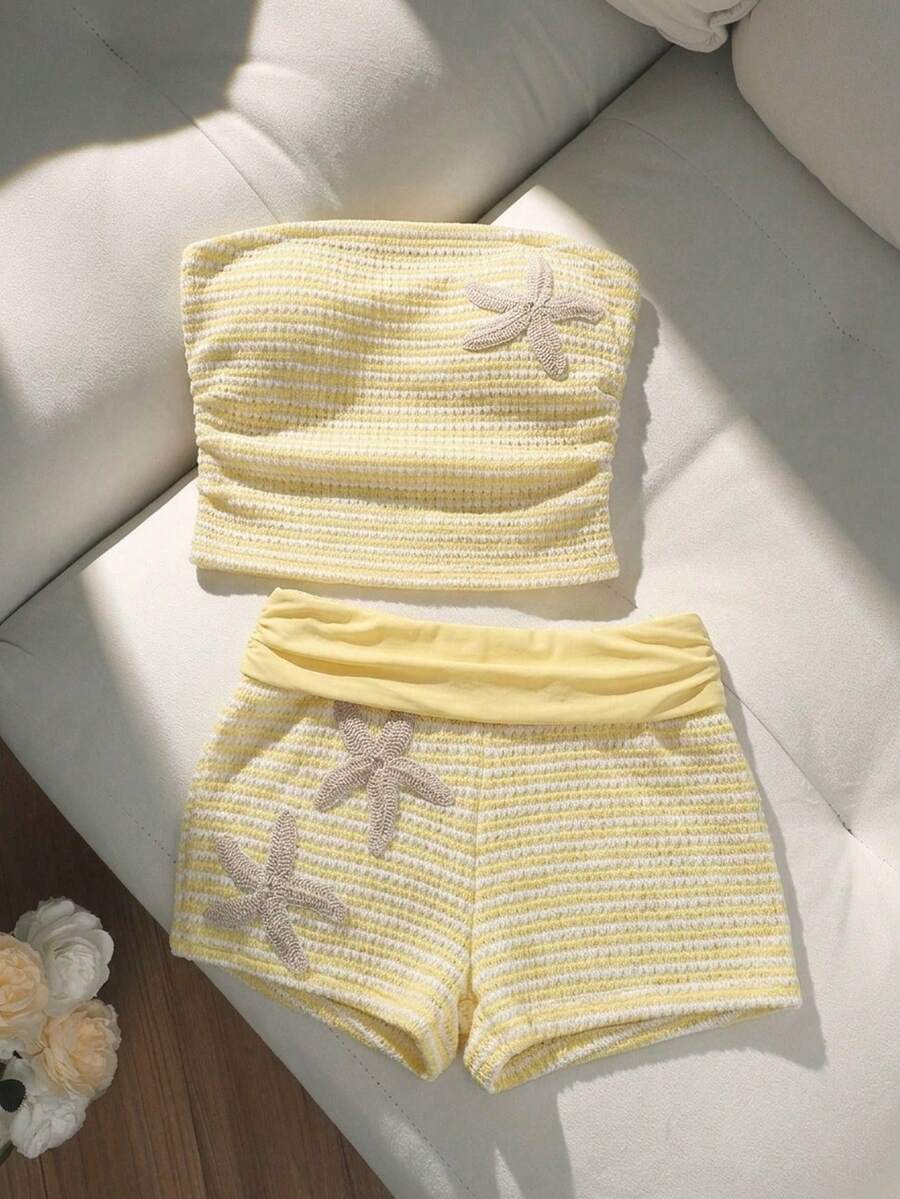 SHEIN 少女休闲条纹背心短裤套装,舒适简约 - 黃色 - 查看 1