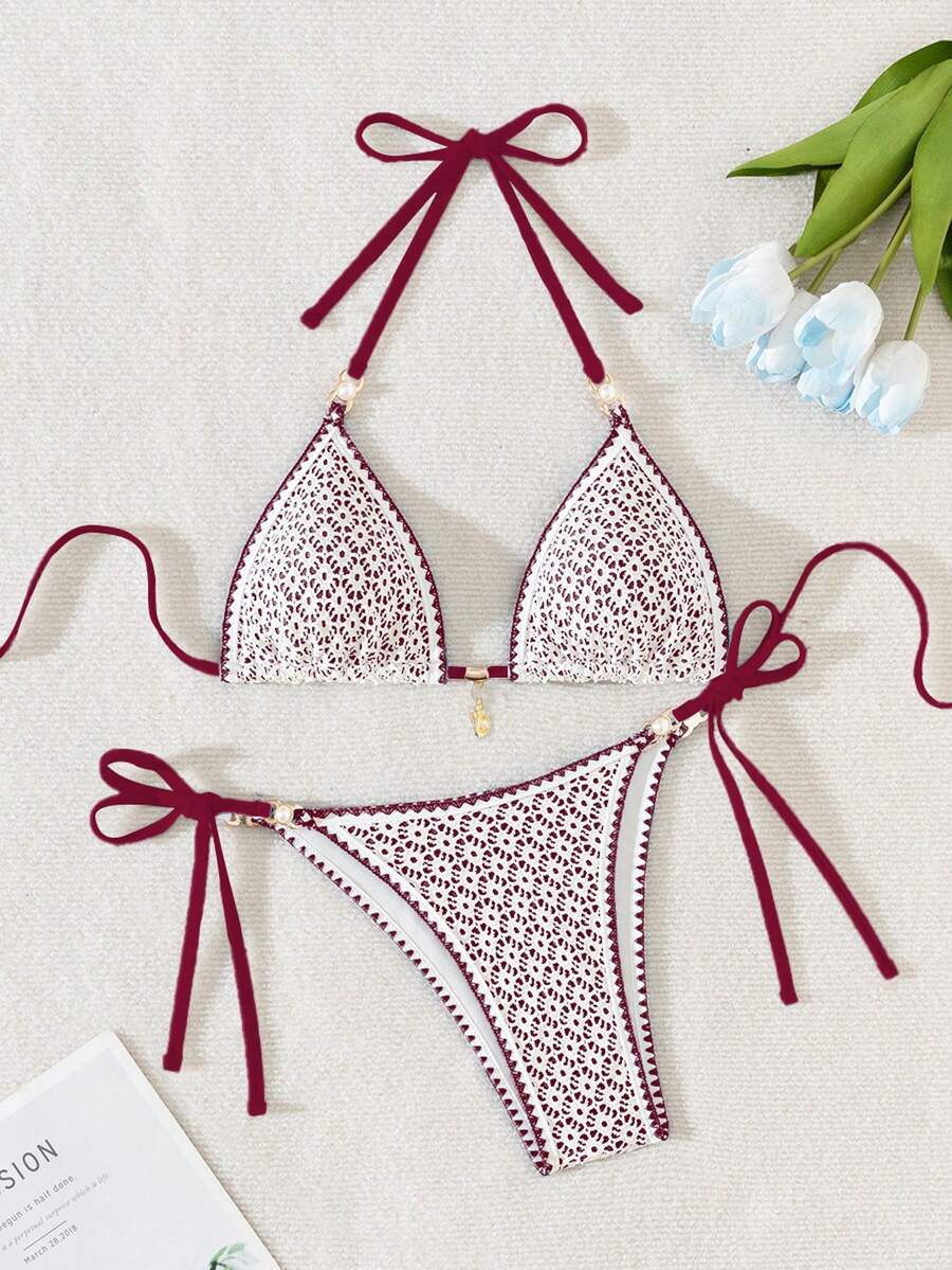 Swim Vcay Bolso triangular sexy con decoración de perlas y flor de concha de unicolor y tejido calado para mujer - Burdeos - Ver 1