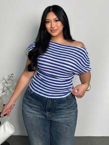Firerie 大码女式纹理条纹不对称肩部弹力褶皱蝙蝠袖T恤上衣，条纹女式衬衫，春夏秋季服装，通勤，优雅，休闲，日常，工作装 - 藍色 - 查看 5