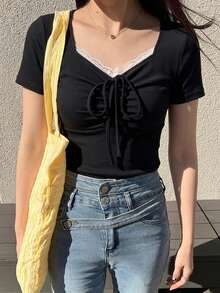 FRIFUL Women's Casual Contrast Lace Front Drawstring Short Sleeve T-Shirt, Summer - Black - View 6