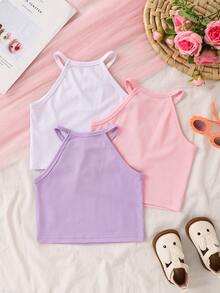 SHEIN Camiseta sin mangas de cuello halter acanalada informal para niña - Multicolor - Ver 2