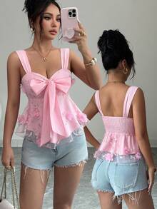 Selianne Soft Pink Summer Elegant Party Urban Chic Women's Puff Sleeve Contrast Ruffle Textured Fabric Blouse,Daily Wear,Wedding Guest,Commute,Holiday Tops - Pink - View 8