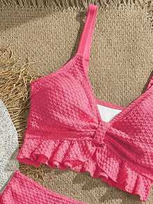 Swim Vcay Women's Solid Color Textured Fabric Sweet Ruffle Drawstring High Waist Cropped Camisole Bikini Top For Beach Vacation - Hot Pink - View 4