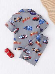 2pcs/Set Young BoyLightweight Casual Comfortable Soft Knit Flame Retardant Fabric Short Sleeve Top With Cartoon Car Print & Shorts Pajama Set, Summer - Grey - View 2
