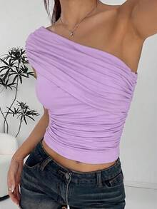 SHEIN EZwear 女士紫色休闲不对称领衬衫上衣，夏季 - 紫色 - 查看 6