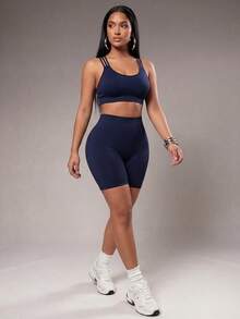 Radiana Women's Solid Color Cross-Back Seamless Cropped Tank Top And High Waist Shorts Sports Set - Navy Blue - View 7