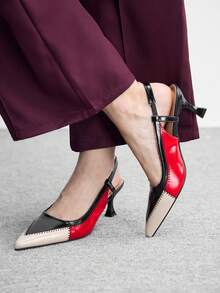 CUCCOO BIZCHIC 女鞋 时尚尖头多色拼接撞色猫跟中跟后跟带女式高跟鞋 日常百搭通勤工作女鞋 - 黑紅白 - 查看 4