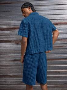 AXEPEAK Men's Solid Color Front Button Short Sleeve Shirt And Loose Shorts Set - Blue - View 4