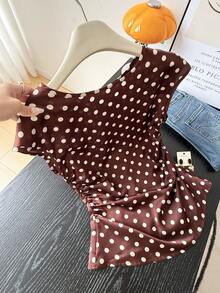 SHEIN Frenchy Áo sơ mi tay ngắn in chấm bi, kiểu dáng thanh lịch, thoải mái, phù hợp cho công sở. - màu nâu - Xem 4