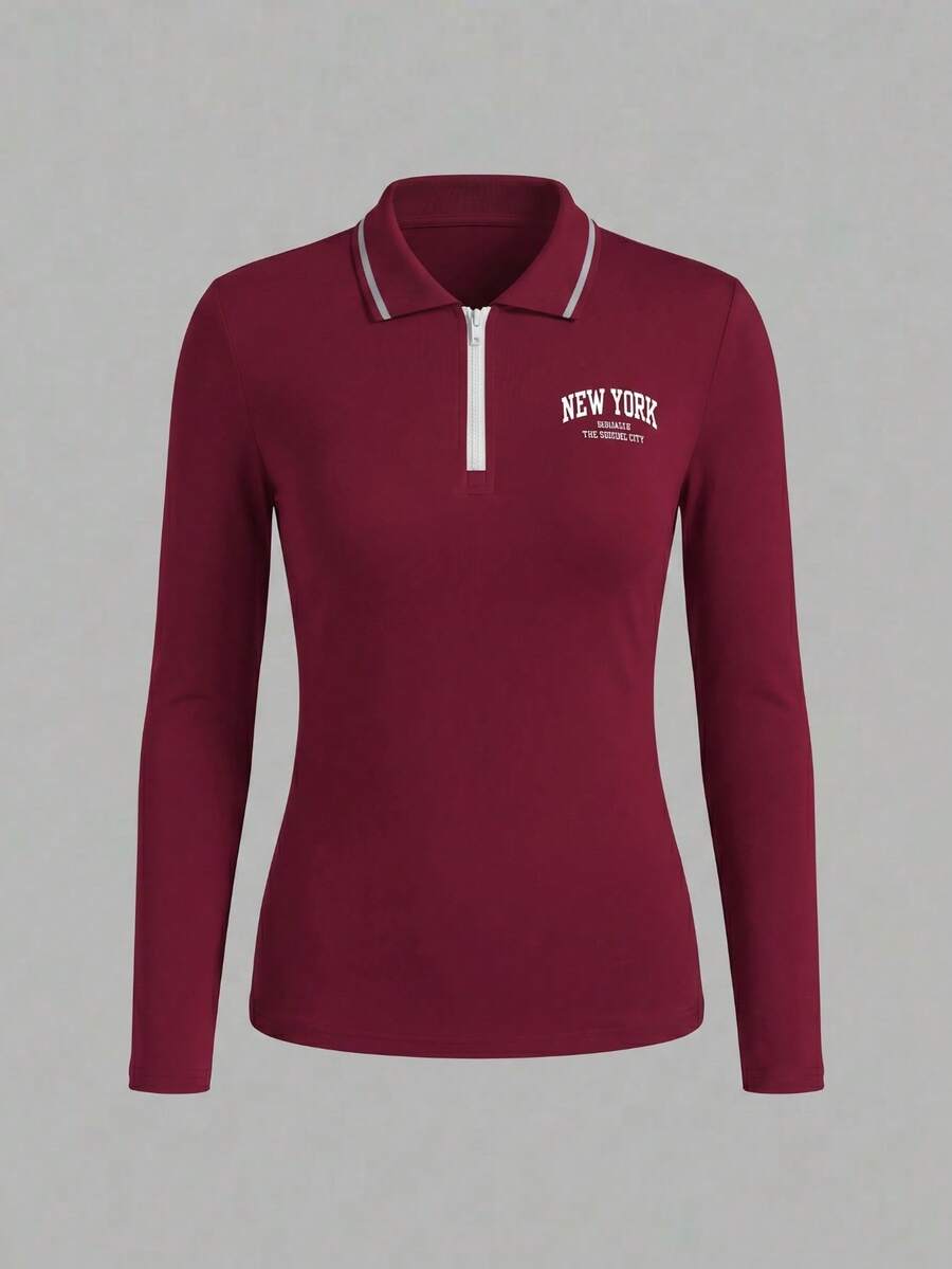 Sweetra Camisa polo deportiva de mujer con diseño de cremallera y estampado de letras - Burdeos - Ver 1